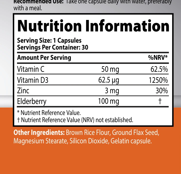Solva Vitality Immune Support supplement facts panel
