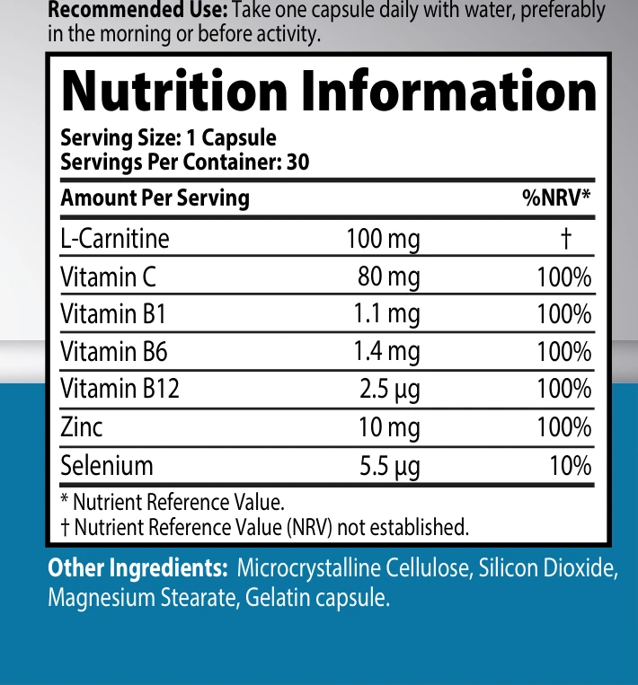 Solva Vitality Men's Energy supplement facts panel