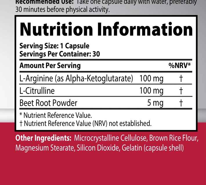 Solva Vitality Nitric Oxide supplement facts panel