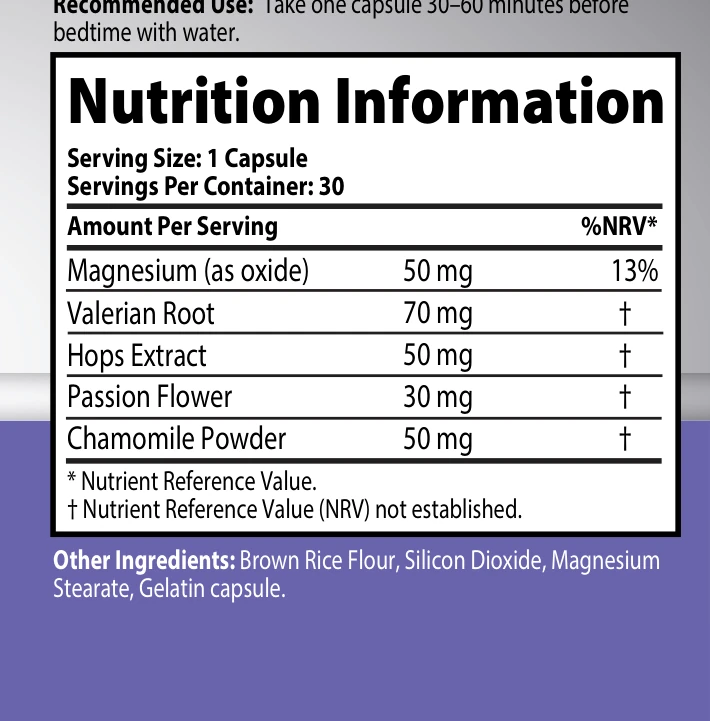Solva Vitality Sleep Aid supplement facts panel
